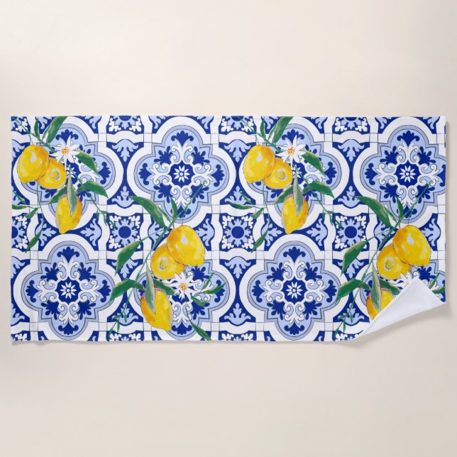 Portuguese tiles,lemons,fruits,summer art       beach towel (Front)