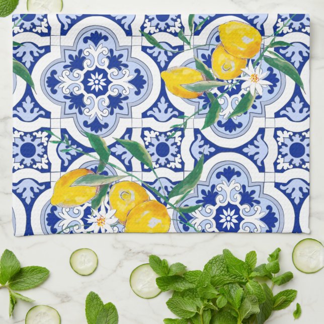 Portuguese tiles,lemons,fruits,summer art  kitchen towel (Folded)
