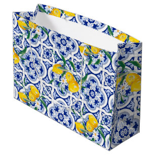 Portuguese tiles,lemons,fruits,summer art        large gift bag