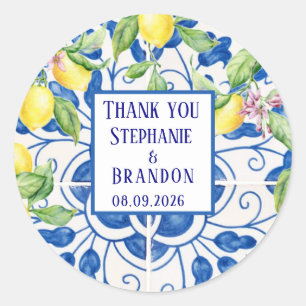 Portuguese Tiles Lemons Mediterranean Wedding Classic Round Sticker