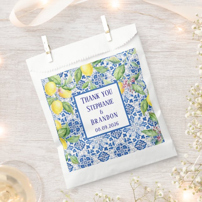 Portuguese Tiles Lemons Mediterranean Wedding Favour Bag (Clipped)