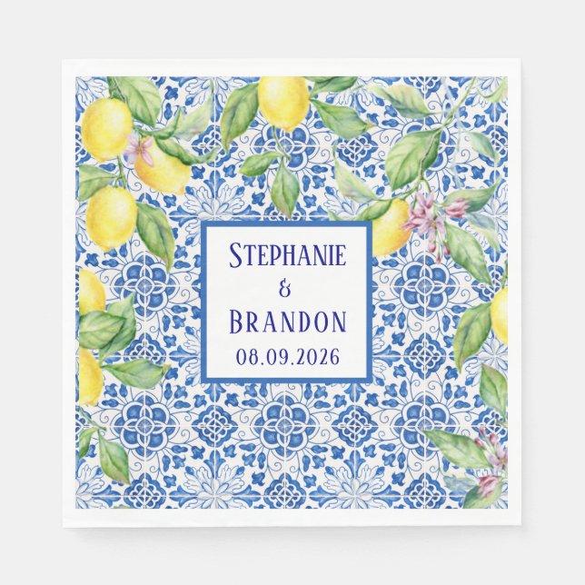 Portuguese Tiles Lemons Mediterranean Wedding Napkin (Front)