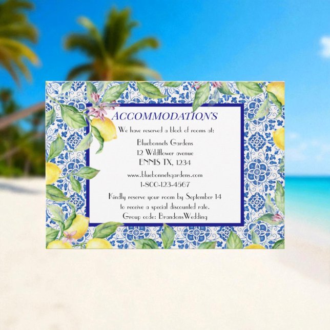 Portuguese tiles Lemons Wedding Accommodations Enclosure Card (Creator Uploaded)