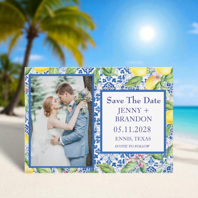 Portuguese tiles Lemons White Photo Wedding Save The Date (Creator Uploaded)