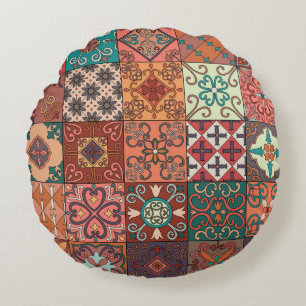 Portuguese Tiles: Talavera Style Azulejo. Round Pillow
