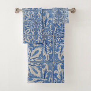 Portuguese Tiles Vintage Azulejos Blue White  Bath Towel Set