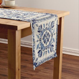 Portuguese Tiles Vintage Blue And White Short Table Runner