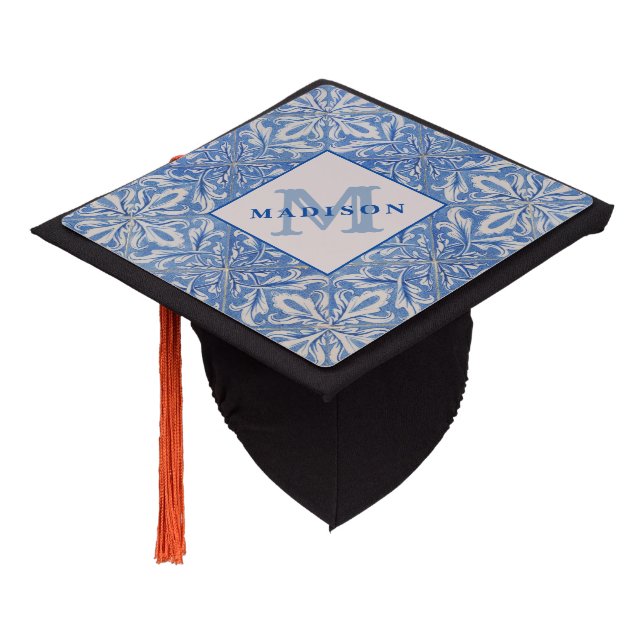 Portuguese Tiles Vintage Blue White Monogram  Graduation Cap Topper (Angled)