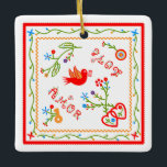 Portuguese valentine's love handkerchiefs  ceramic ornament<br><div class="desc">This folk square design is one of the most popular Portuguese folk-art patterns. It's a hand-embroidered Valentine's message in symbols and words. Today we can find it in clothes, shoes, also in tablecloths and kitchen towels, and accessories. Lenços dos Namordos or sweetheart’s favours or Sweethearts´ handkerchiefs, - also known as...</div>