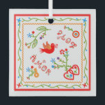 Portuguese valentine's love handkerchiefs  glass ornament<br><div class="desc">This folk square design is one of the most popular Portuguese folk-art patterns. It's a hand-embroidered Valentine's message in symbols and words. Today we can find it in clothes, shoes, also in tablecloths and kitchen towels, and accessories. Lenços dos Namordos or sweetheart’s favours or Sweethearts´ handkerchiefs, - also known as...</div>