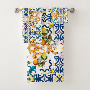 Portuguese vintage tiles kiwi and lemon pattern cu bath towel set