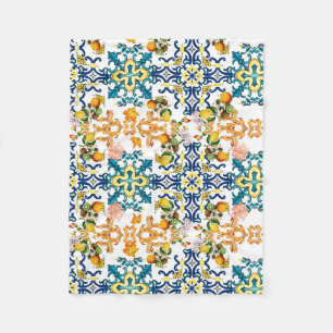 Portuguese vintage tiles kiwi and lemon pattern cu fleece blanket