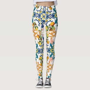 Portuguese vintage tiles kiwi and lemon pattern cu leggings