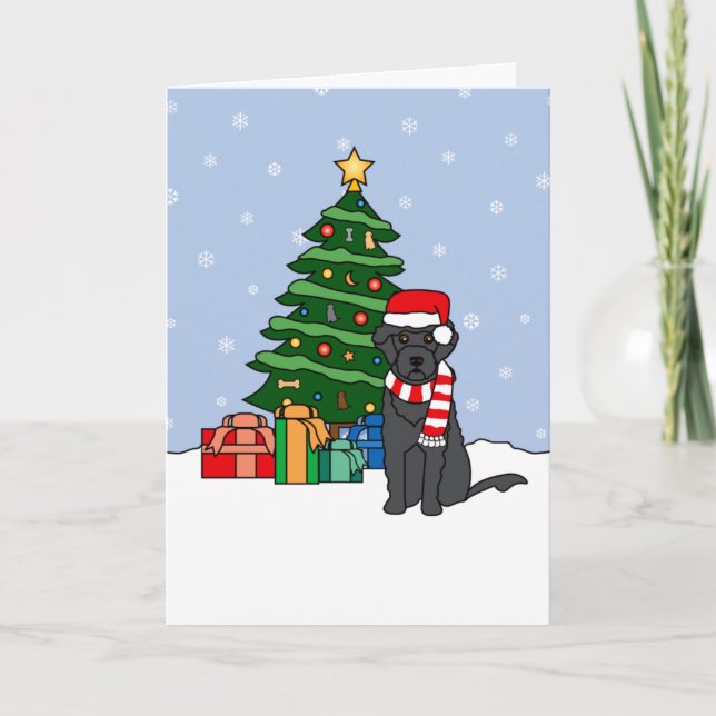 Portuguese Water Dog and Christmas Tree Holiday Card (Front)