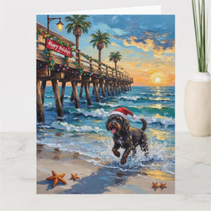 Portuguese Water Dog Christmas Beach Boardwalk Card