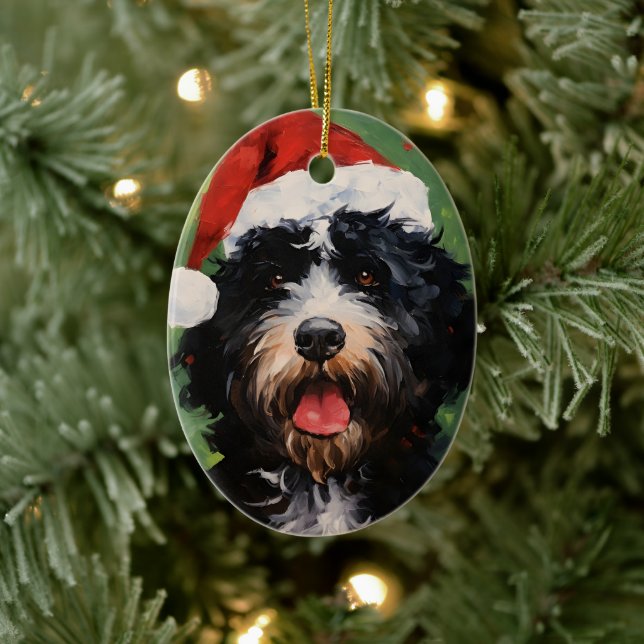 Portuguese water dog Christmas brush painting Ceramic Ornament (Tree)