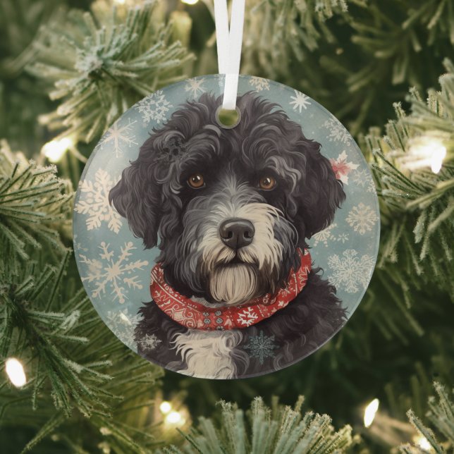 Portuguese Water Dog Christmas Glass Ornament (Insitu)