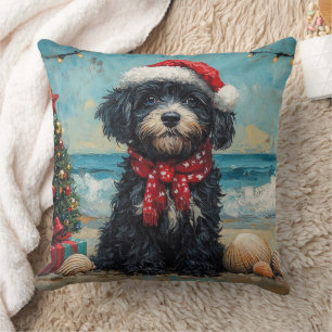 Portuguese Water Dog Christmas Vintage Beach Throw Pillow