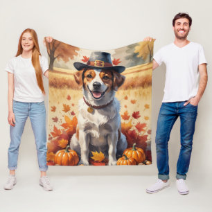 Portuguese Water Dog In Autumn Leaves Thanksgiving Fleece Blanket