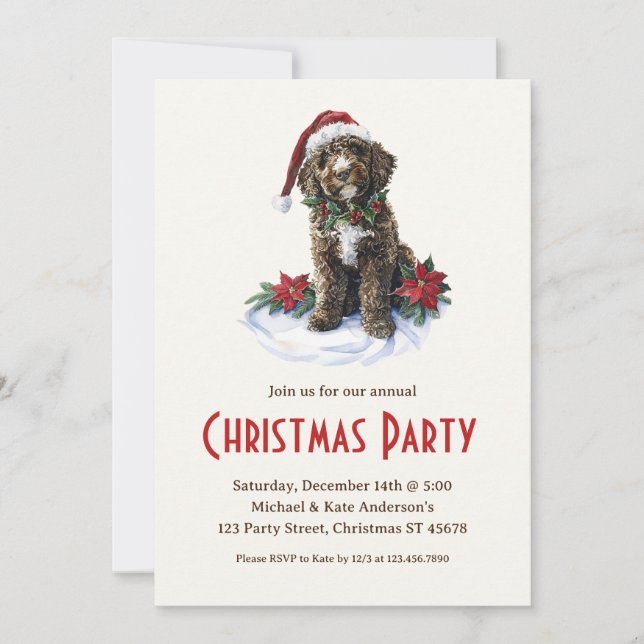 Portuguese Water Dog Santa Hat Christmas Party Invitation (Front)