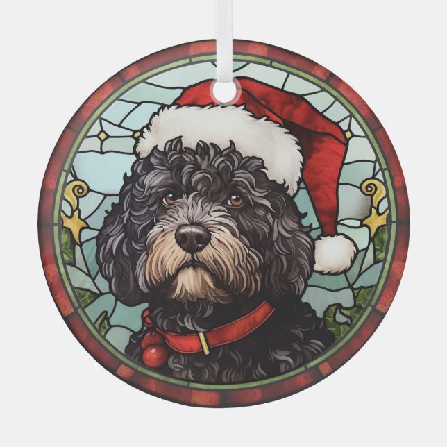 Portuguese Water Dog Stained Glass Christmas Glass Ornament (Front)