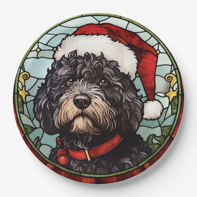 Portuguese Water Dog Stained Glass Christmas Paper Plate (Front)