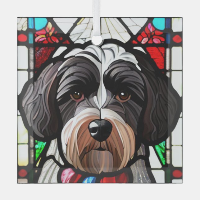 Portuguese Water Dog "Stained Glass"  Glass Ornament (Front)