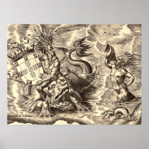 Poseidon and Dolphin World Map Poster