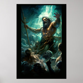 Poseidon Battling Zombie Mermen Poster