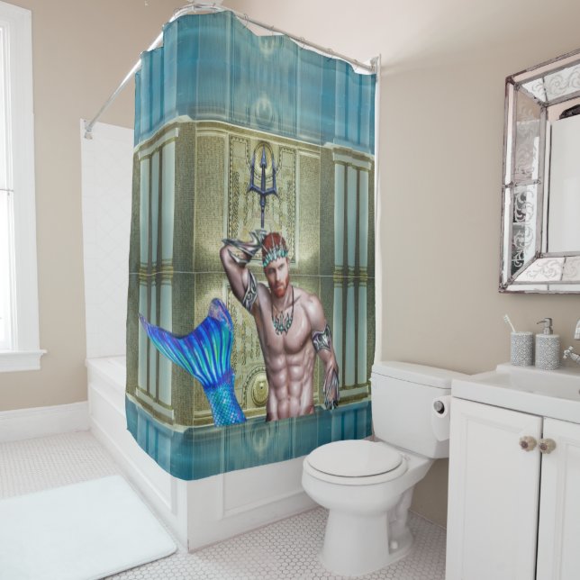 Poseidon / Neptune Nautical Coastal Shower Curtain (In Situ)