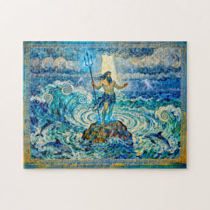 Poseidon on Sea Rocks with Trident and Dolphins Jigsaw Puzzle