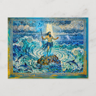 Poseidon on Sea Rocks with Trident and Dolphins Postcard