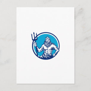 Poseidon Trident Circle Woodcut Postcard
