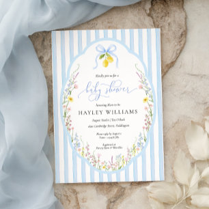 Posey Wildflower Blue Bow Baby Shower Invitation