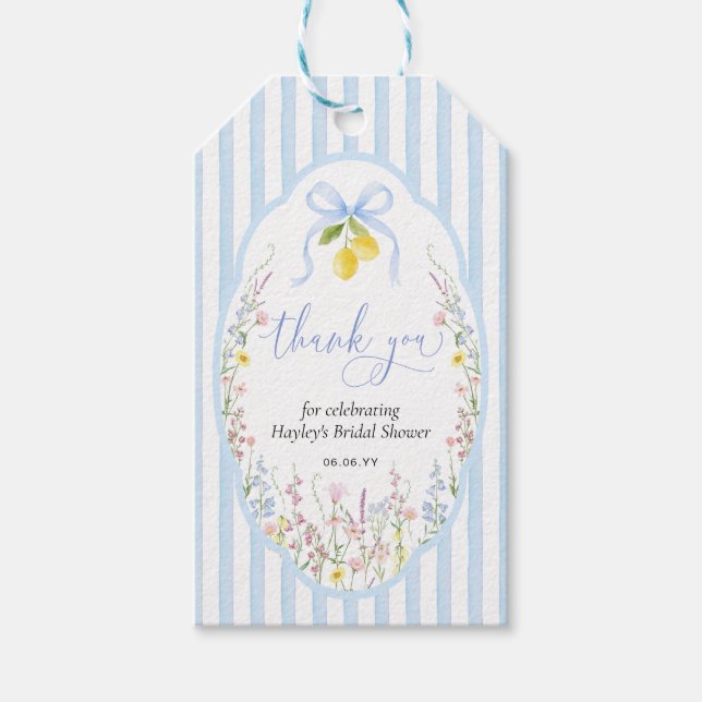 Posey Wildflower Blue Bow Bridal Shower Gift Tags (Front)