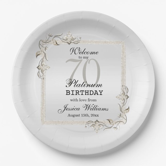 Posh 70th Platinum Birthday Paper Plates (Front)
