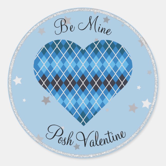 Posh Argyle Blue Sparkle Big Heart  Classic Round Sticker (Front)