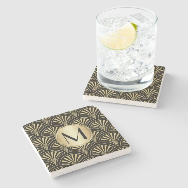 Posh Black and Gold Deco Fans Monogrammed Stone Coaster (Side)