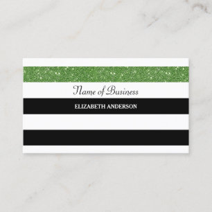 Posh Black and White Stripes Green FAUX Glitz Business Card