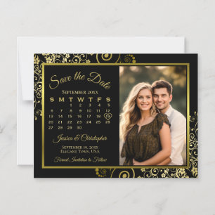 Posh Black & Gold Calendar Photo Save Date Magnet