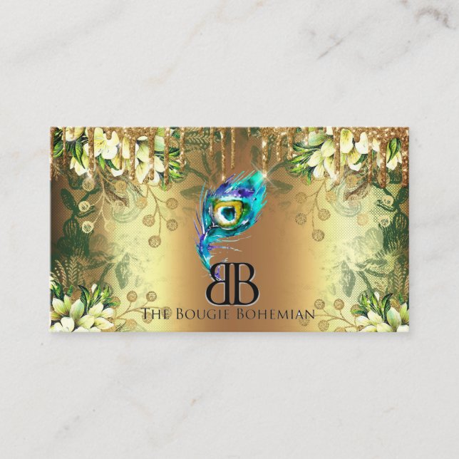Posh Bougie Glittery Bohemian Blue Florals Drips Business Card (Front)