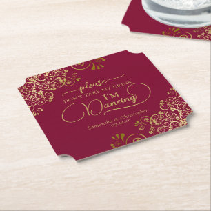 Posh Burgundy & Gold Don't Take My Drink Wedding Paper Coaster