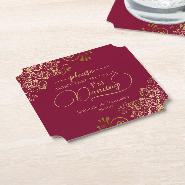Posh Burgundy & Gold Don't Take My Drink Wedding Paper Coaster (Angled)