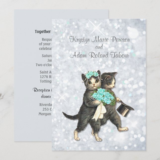 Posh Cats Aqua - Silver Sparkle Faire-part de mari (Devant / Derrière)