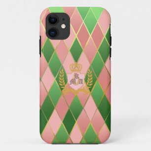 Posh Chic Pink and Green Argyle Monogrammed  iPhone 11 Case