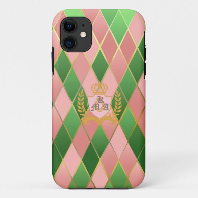Posh Chic Pink and Green Argyle Monogrammed  Case-Mate iPhone Case (Back)