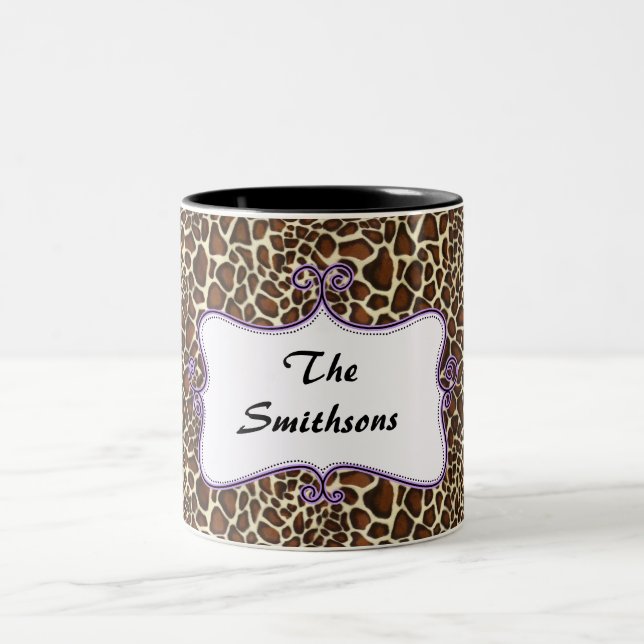 Posh chic trendy leopard print,purple personalized Two-Tone coffee mug (Center)