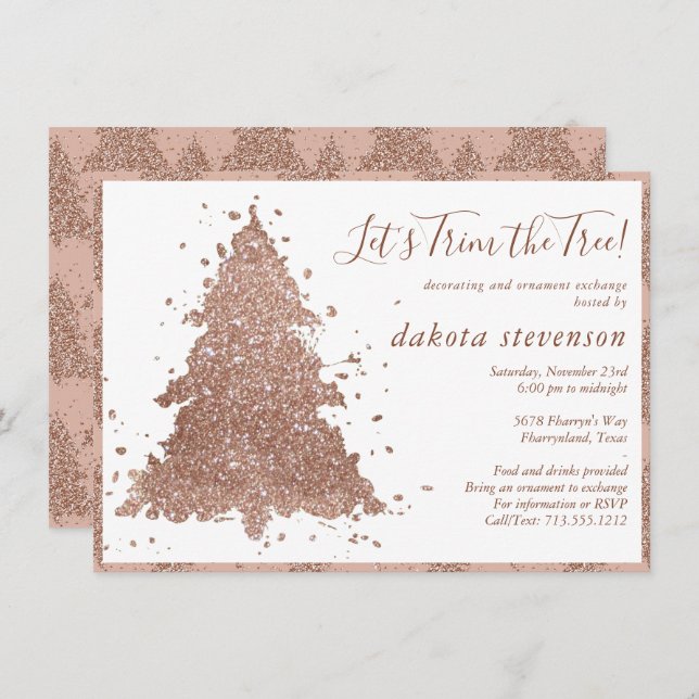 Posh Christmas | Glam Rose Gold Tree Trim Party Holiday Card (Front/Back)