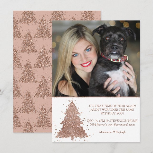 Posh Christmas Tree | Glam Rose Gold Photo Holiday Card (Front/Back)