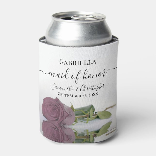 Posh Dusty Mauve Pink Rose Maid of Honour Wedding Can Cooler (Can Front)
